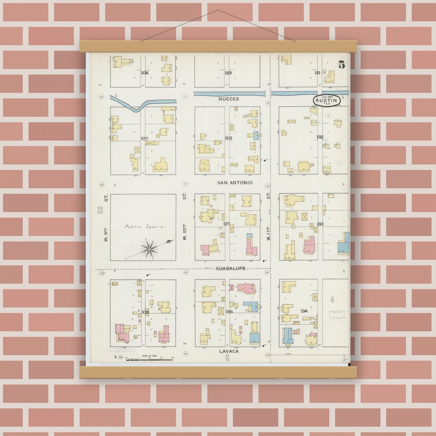 Old map wall art mockup — magnetic wood frame on brick wall — Sanborn Fire Insurance Map from Austin, Travis County, Texas (1894), Sheet #0005
