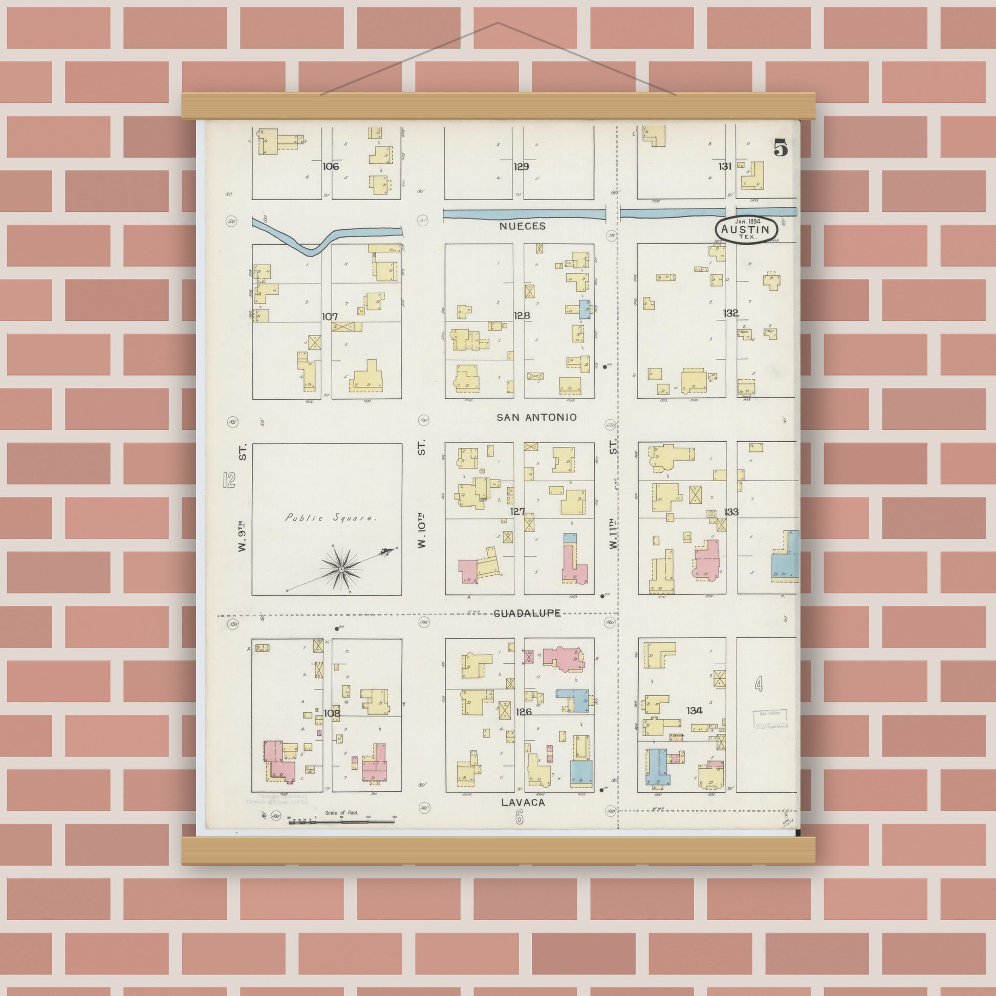 Old map wall art mockup — magnetic wood frame on brick wall — Sanborn Fire Insurance Map from Austin, Travis County, Texas (1894), Sheet #0005