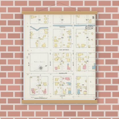 Old map wall art mockup — magnetic wood frame on brick wall — Sanborn Fire Insurance Map from Austin, Travis County, Texas (1894), Sheet #0005