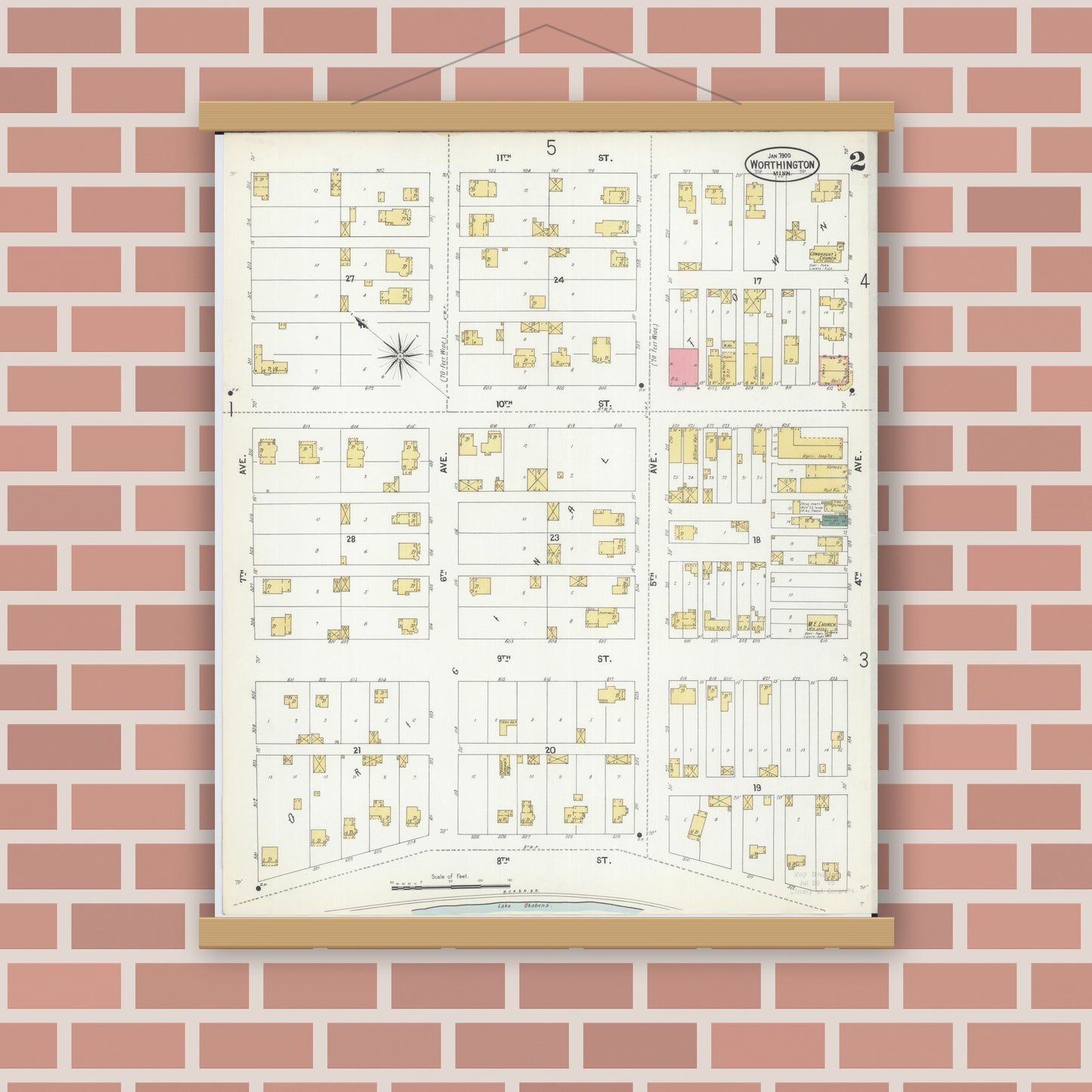 Old map wall art mockup — magnetic wood frame on brick wall — Sanborn Fire Insurance Map from Worthington, Nobles County, Minnesota (1900), Sheet #0002