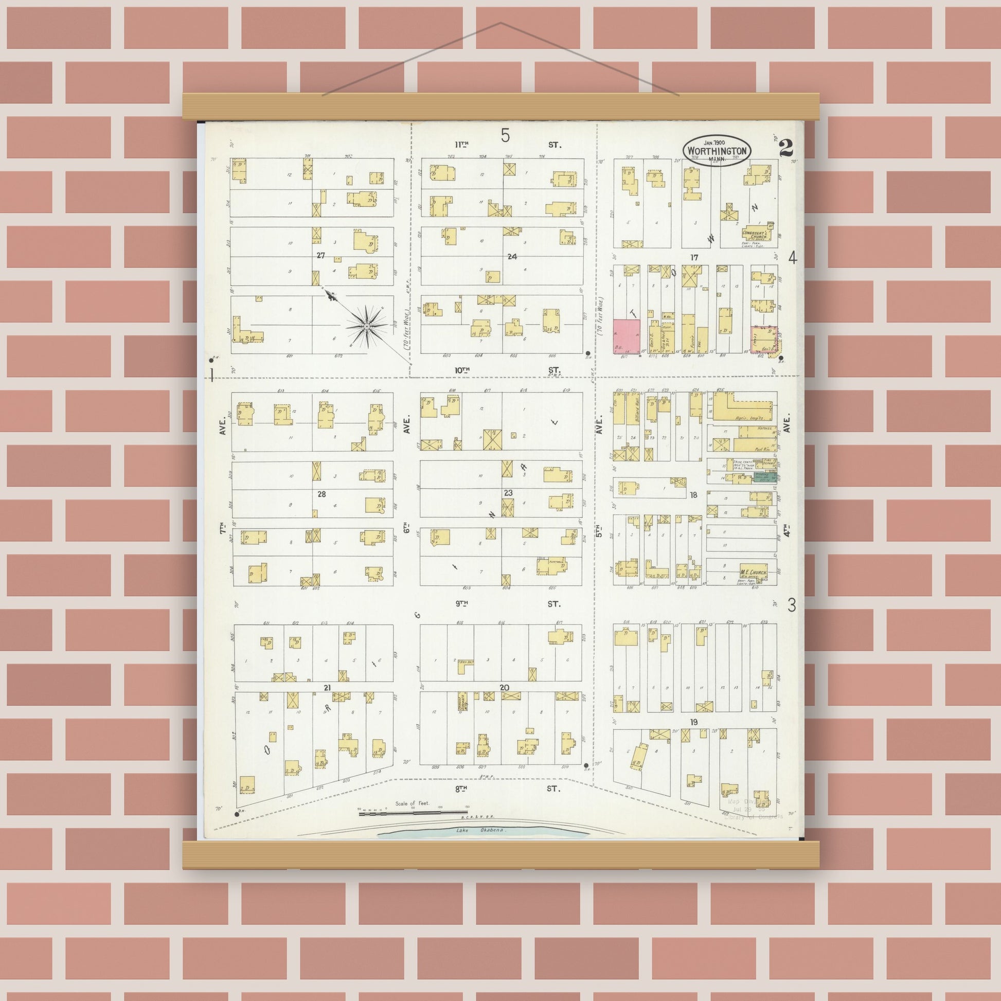 Old map wall art mockup — magnetic wood frame on brick wall — Sanborn Fire Insurance Map from Worthington, Nobles County, Minnesota (1900), Sheet #0002