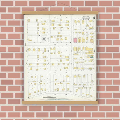 Old map wall art mockup — magnetic wood frame on brick wall — Sanborn Fire Insurance Map from Worthington, Nobles County, Minnesota (1900), Sheet #0002