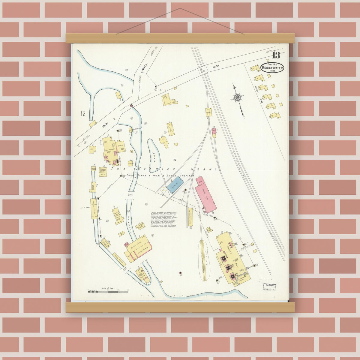 Old map wall art mockup — magnetic wood frame on brick wall — Sanborn Fire Insurance Map from Bridgewater, Plymouth County, Massachusetts (1912), Sheet #0013