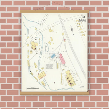 Old map wall art mockup — magnetic wood frame on brick wall — Sanborn Fire Insurance Map from Bridgewater, Plymouth County, Massachusetts (1912), Sheet #0013