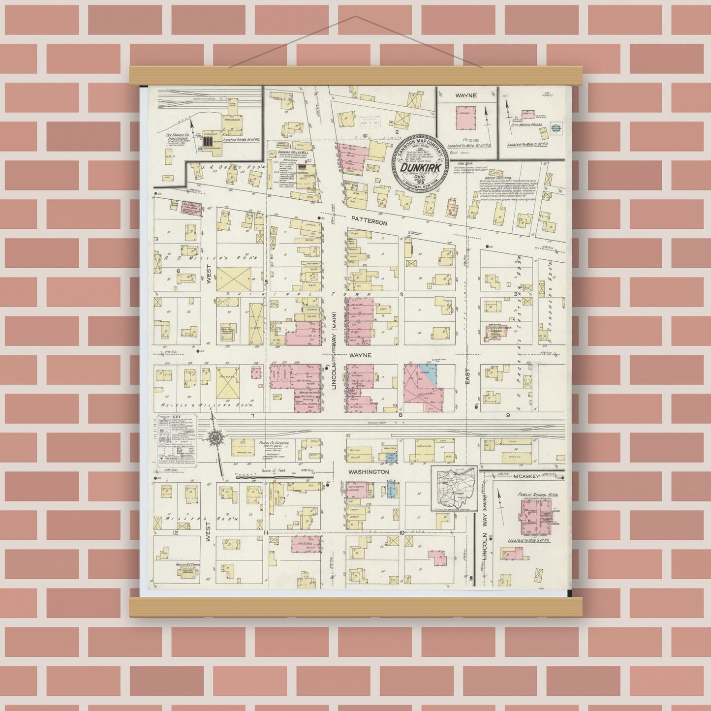 Old map wall art mockup — magnetic wood frame on brick wall — Sanborn Fire Insurance Map from Dunkirk, Hardin County, Ohio (1915), Sheet #0001