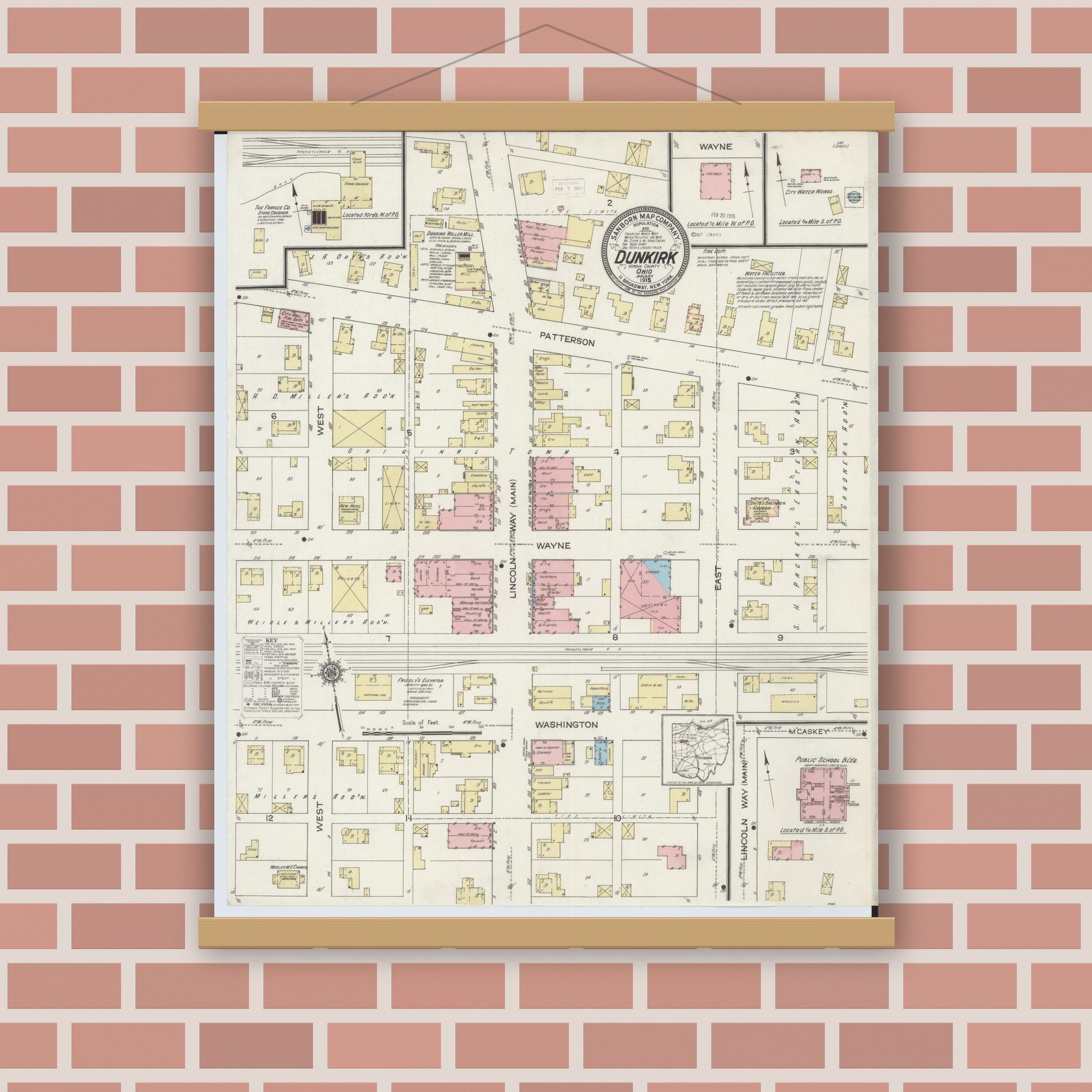 Old map wall art mockup — magnetic wood frame on brick wall — Sanborn Fire Insurance Map from Dunkirk, Hardin County, Ohio (1915), Sheet #0001