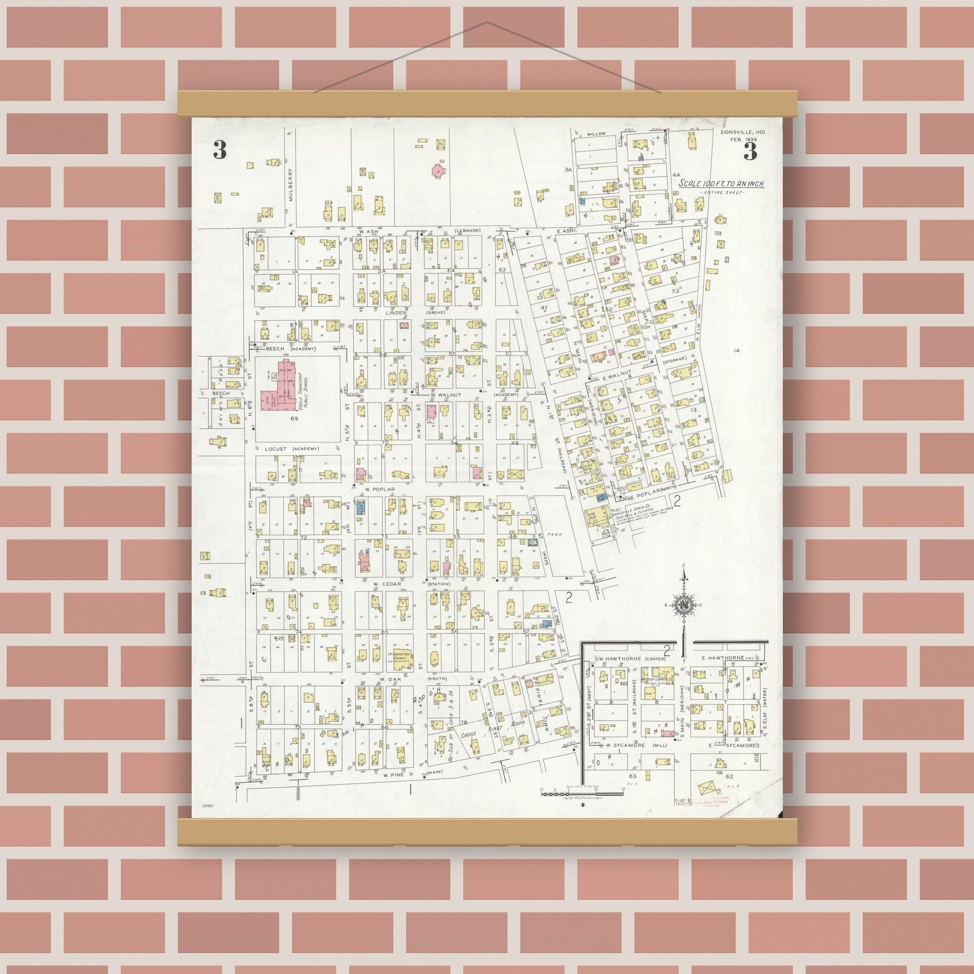 Old map wall art mockup — magnetic wood frame on brick wall — Sanborn Fire Insurance Map from Zionsville, Boone County, Indiana (1939), Sheet #0003