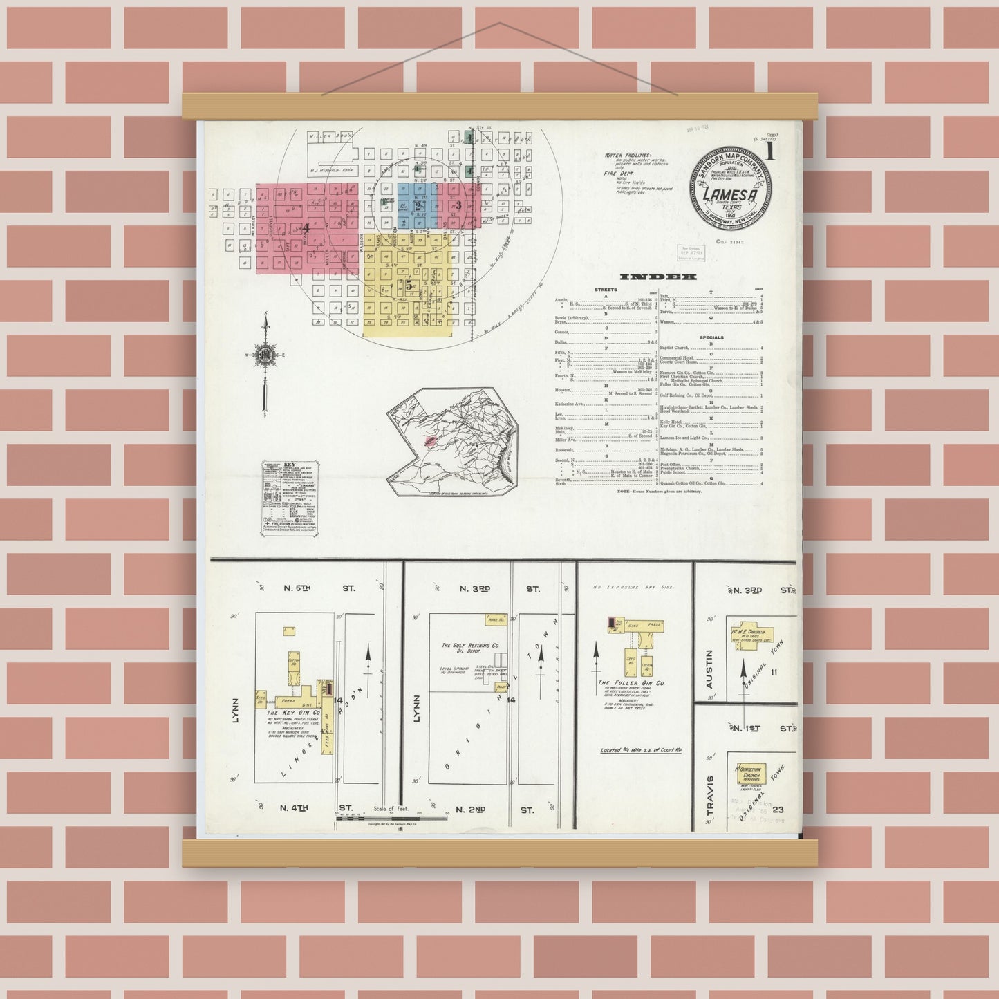 Old map wall art mockup — magnetic wood frame on brick wall — Sanborn Fire Insurance Map from Lamesa, Dawson County, Texas (1921), Sheet #0001