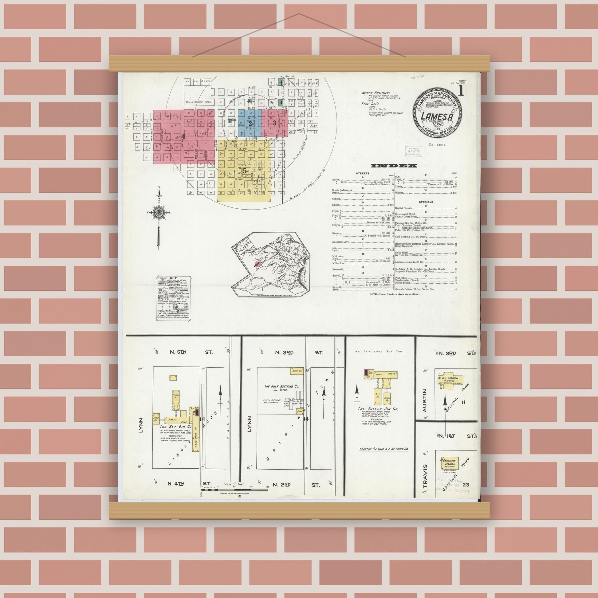 Old map wall art mockup — magnetic wood frame on brick wall — Sanborn Fire Insurance Map from Lamesa, Dawson County, Texas (1921), Sheet #0001