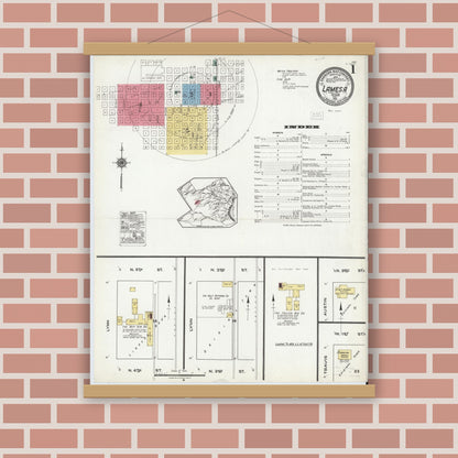 Old map wall art mockup — magnetic wood frame on brick wall — Sanborn Fire Insurance Map from Lamesa, Dawson County, Texas (1921), Sheet #0001