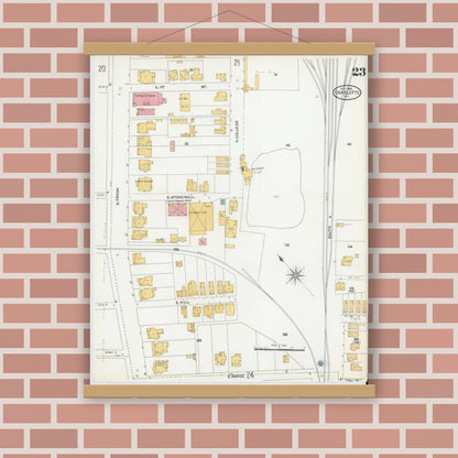 Old map wall art mockup — magnetic wood frame on brick wall — Sanborn Fire Insurance Map from Charlotte, Mecklenburg County, North Carolina (1905), Sheet #0023
