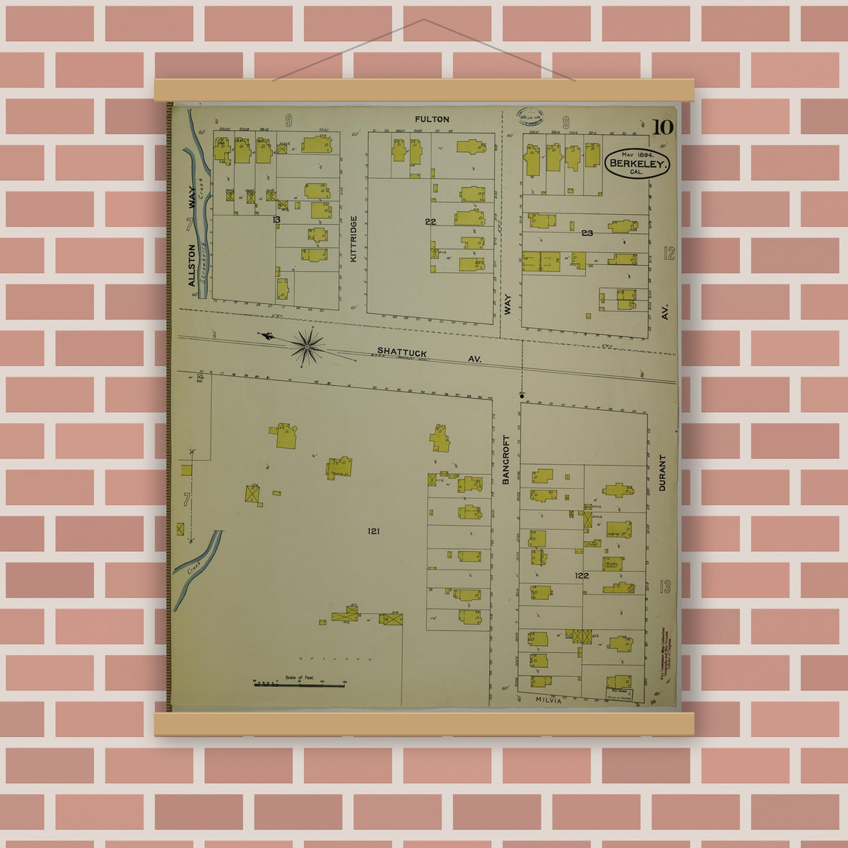 Old map wall art mockup — magnetic wood frame on brick wall — Sanborn Fire Insurance Map from Berkeley, Alameda County, California (1894), Sheet #0010