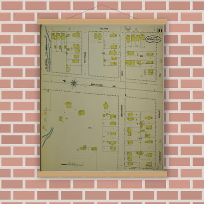 Old map wall art mockup — magnetic wood frame on brick wall — Sanborn Fire Insurance Map from Berkeley, Alameda County, California (1894), Sheet #0010