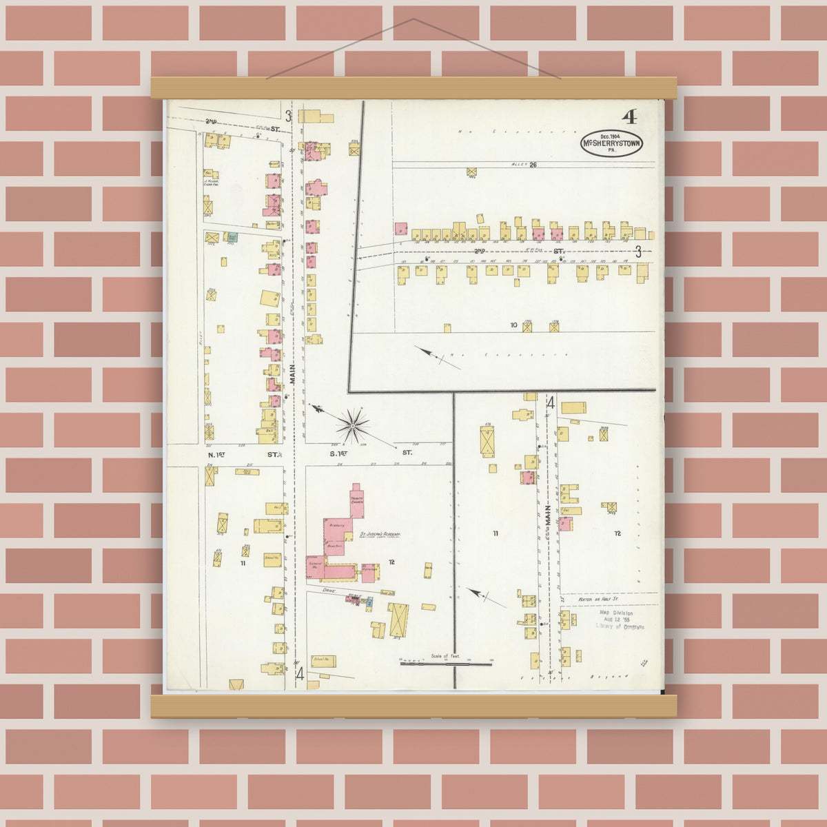 Old map wall art mockup — magnetic wood frame on brick wall — Sanborn Fire Insurance Map from McSherrystown, Adams County, Pennsylvania (1904), Sheet #0004