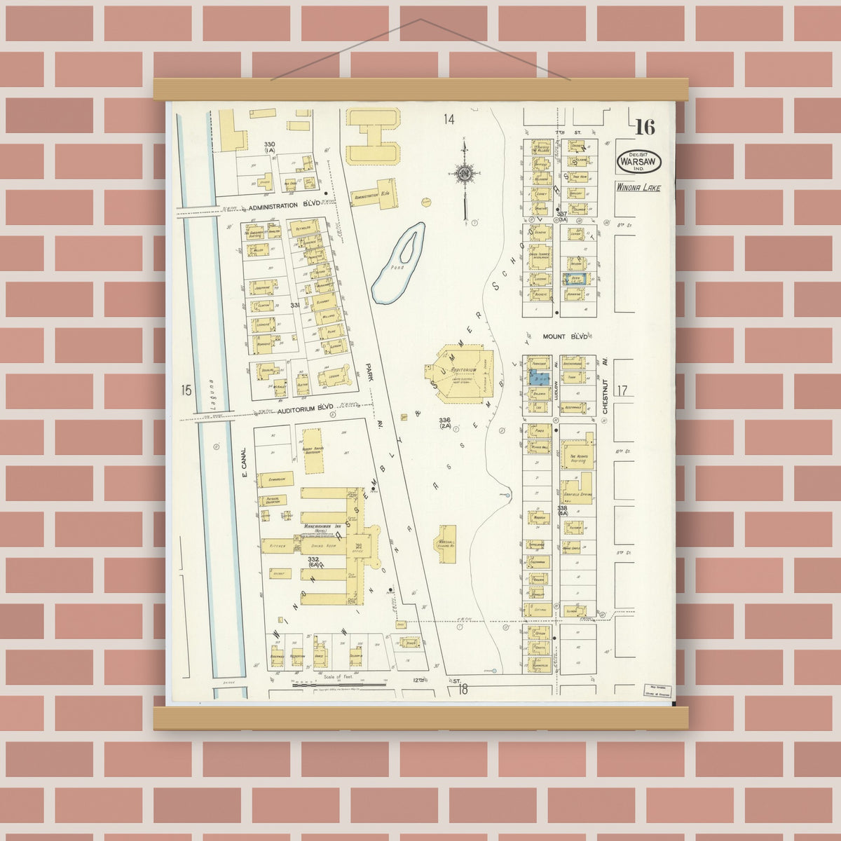 Old map wall art mockup — magnetic wood frame on brick wall — Sanborn Fire Insurance Map from Warsaw, Kosciusko County, Indiana (1917), Sheet #0016