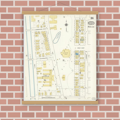 Old map wall art mockup — magnetic wood frame on brick wall — Sanborn Fire Insurance Map from Warsaw, Kosciusko County, Indiana (1917), Sheet #0016