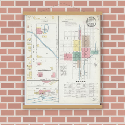 Old map wall art mockup — magnetic wood frame on brick wall — Sanborn Fire Insurance Map from Delphos, Van Wert And Allen Counties, Ohio (1892), Sheet #0001