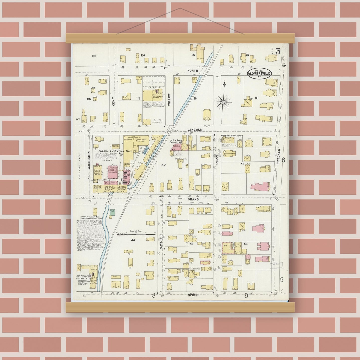 Old map wall art mockup — magnetic wood frame on brick wall — Sanborn Fire Insurance Map from Gloversville, Fulton County, New York (1897), Sheet #0005