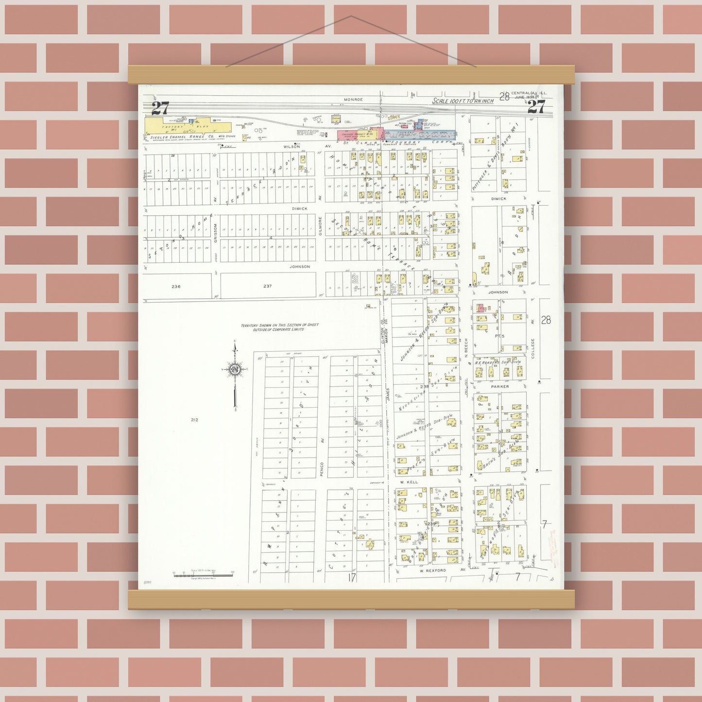 Old map wall art mockup — magnetic wood frame on brick wall — Sanborn Fire Insurance Map from Centralia, Marion, Clinton, Jefferson, and Washington Counties, Illinois (1938), Sheet #0027