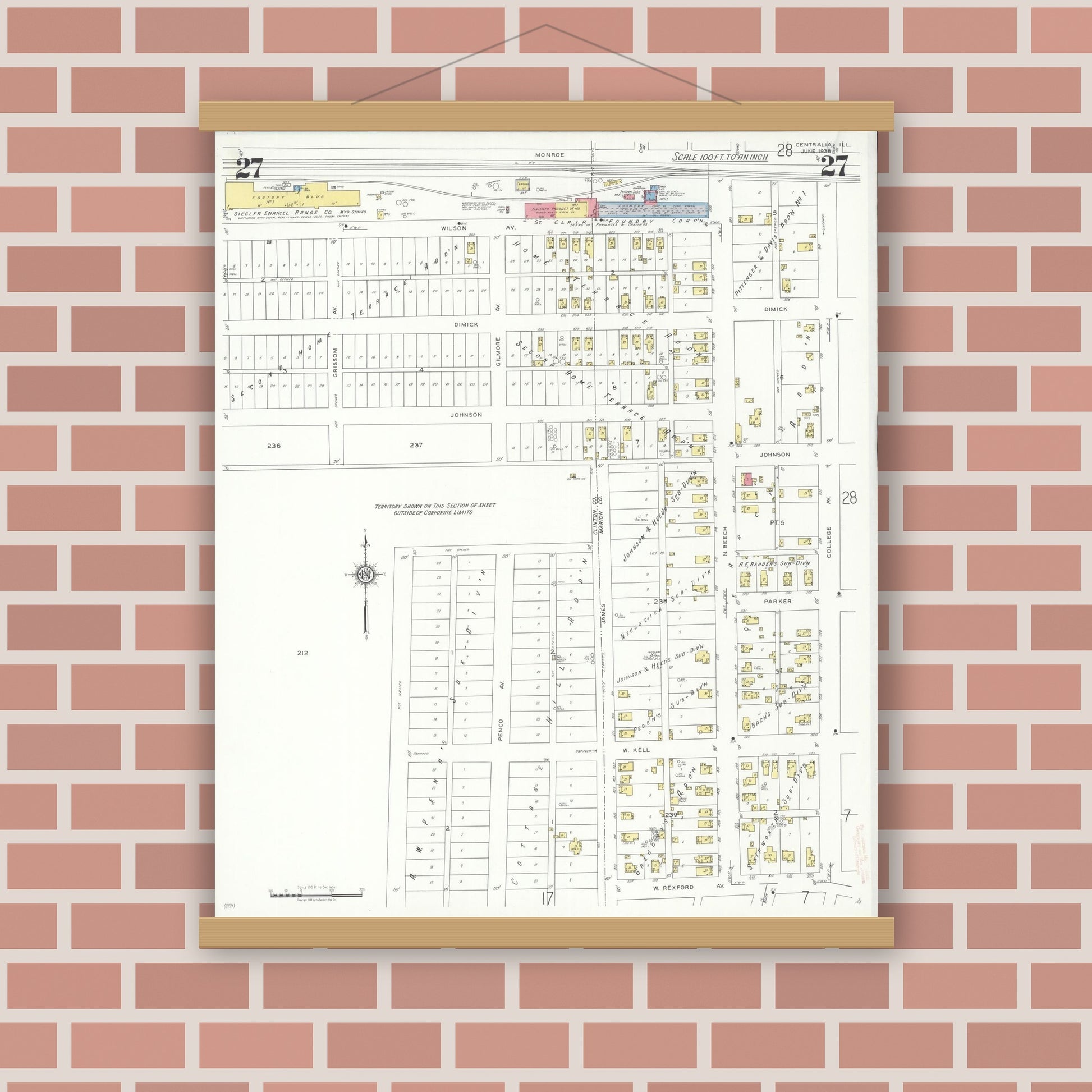 Old map wall art mockup — magnetic wood frame on brick wall — Sanborn Fire Insurance Map from Centralia, Marion, Clinton, Jefferson, and Washington Counties, Illinois (1938), Sheet #0027