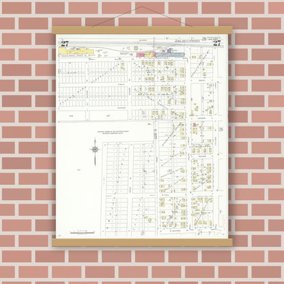 Old map wall art mockup — magnetic wood frame on brick wall — Sanborn Fire Insurance Map from Centralia, Marion, Clinton, Jefferson, and Washington Counties, Illinois (1938), Sheet #0027