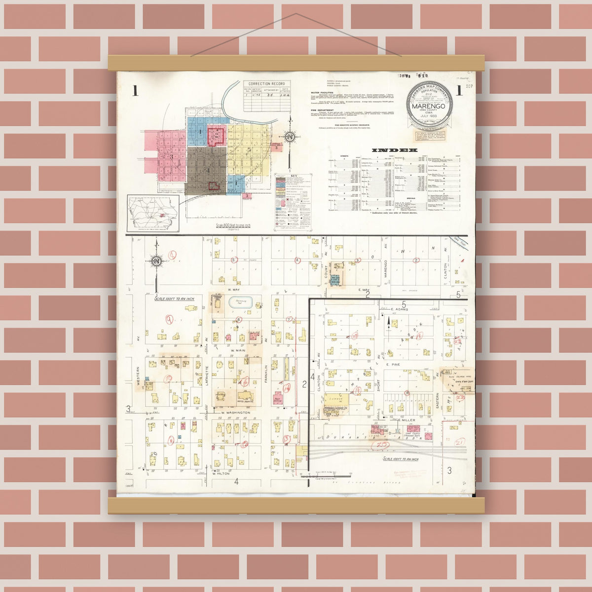 Old map wall art mockup — magnetic wood frame on brick wall — Sanborn Fire Insurance Map from Marengo, Iowa County, Iowa (1942) â€” Complete Set