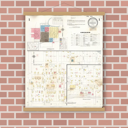 Old map wall art mockup — magnetic wood frame on brick wall — Sanborn Fire Insurance Map from Marengo, Iowa County, Iowa (1942) â€” Complete Set