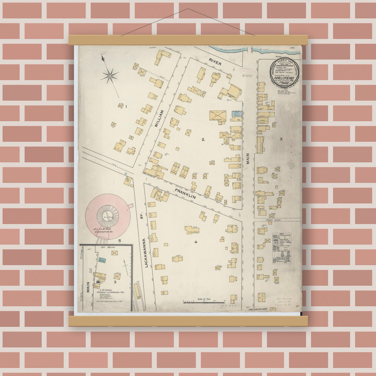 Old map wall art mockup — magnetic wood frame on brick wall — Sanborn Fire Insurance Map from Hallstead, Susquehanna County, Pennsylvania (1892), Sheet #0001