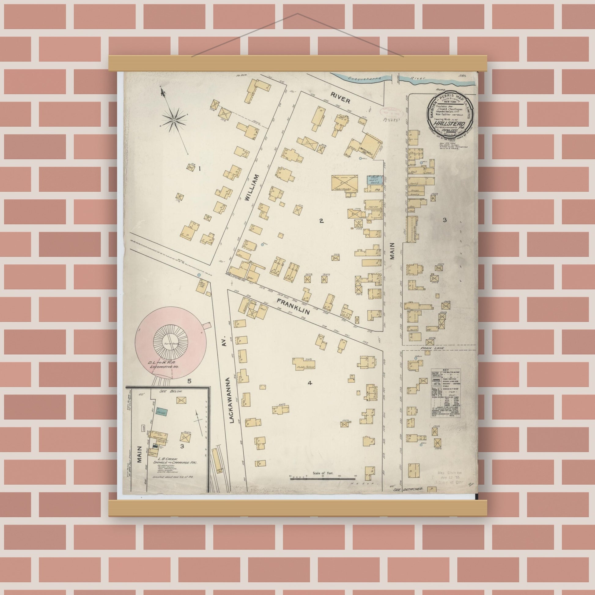 Old map wall art mockup — magnetic wood frame on brick wall — Sanborn Fire Insurance Map from Hallstead, Susquehanna County, Pennsylvania (1892), Sheet #0001