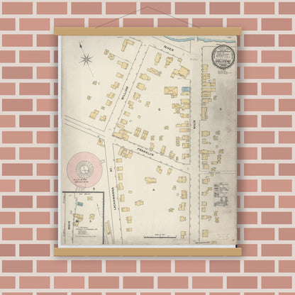 Old map wall art mockup — magnetic wood frame on brick wall — Sanborn Fire Insurance Map from Hallstead, Susquehanna County, Pennsylvania (1892), Sheet #0001