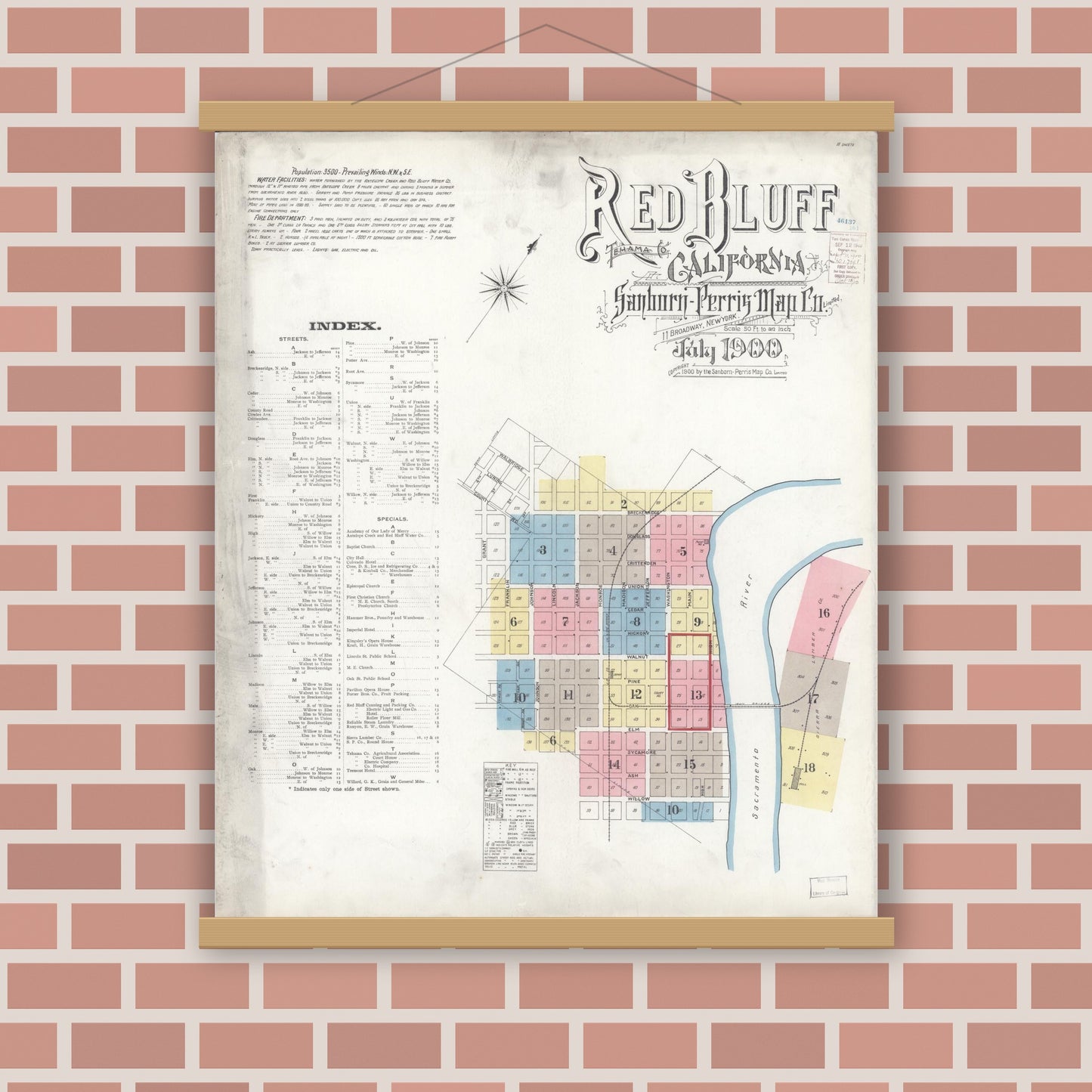 Old map wall art mockup — magnetic wood frame on brick wall — Sanborn Fire Insurance Map from Red Bluff, Tehama County, California (1900) - Complete Map Set