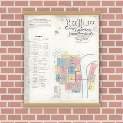 Old map wall art mockup — magnetic wood frame on brick wall — Sanborn Fire Insurance Map from Red Bluff, Tehama County, California (1900) - Complete Map Set