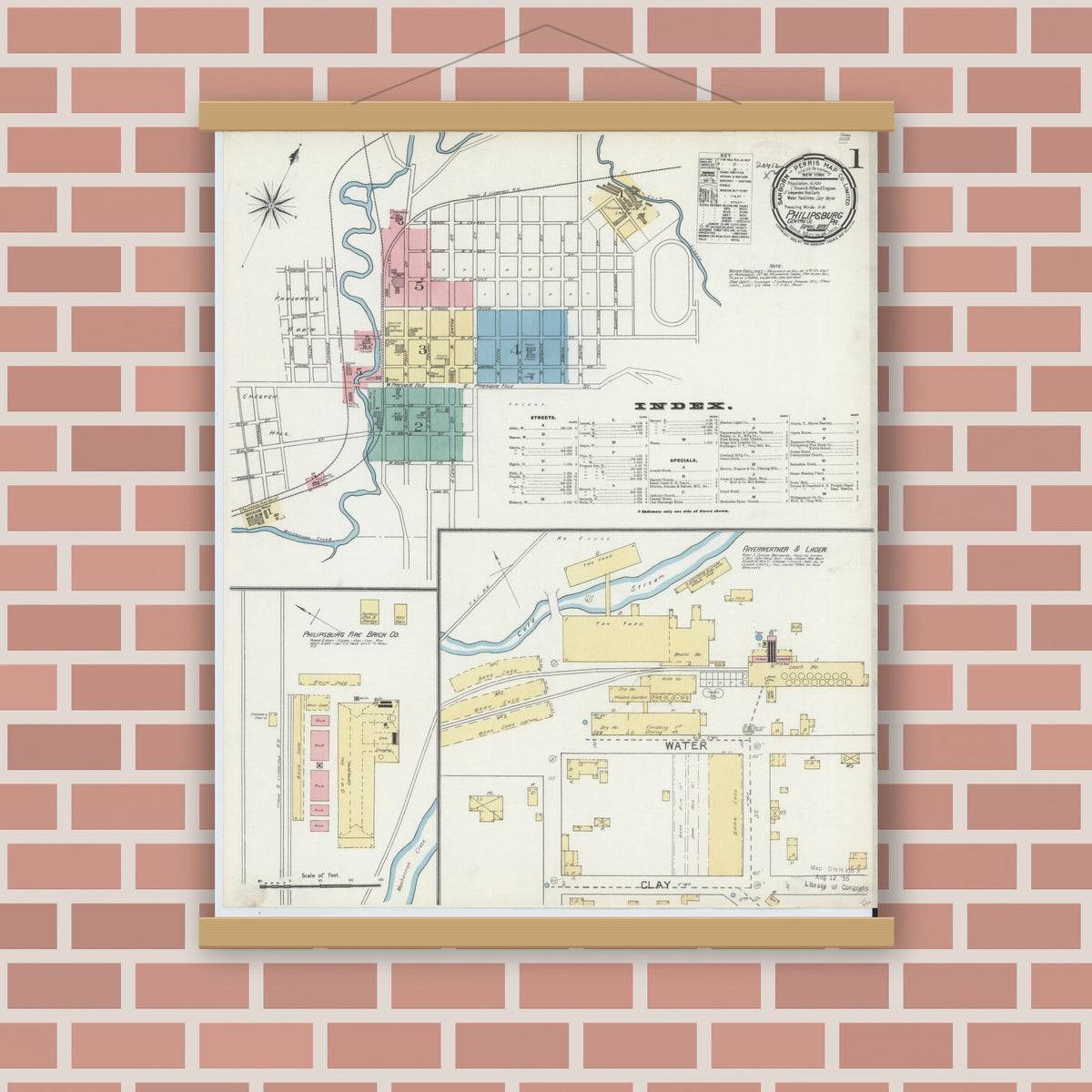 Old map wall art mockup — magnetic wood frame on brick wall — Sanborn Fire Insurance Map from Philipsburg, Centre County, Pennsylvania (1892) - Complete Map Set