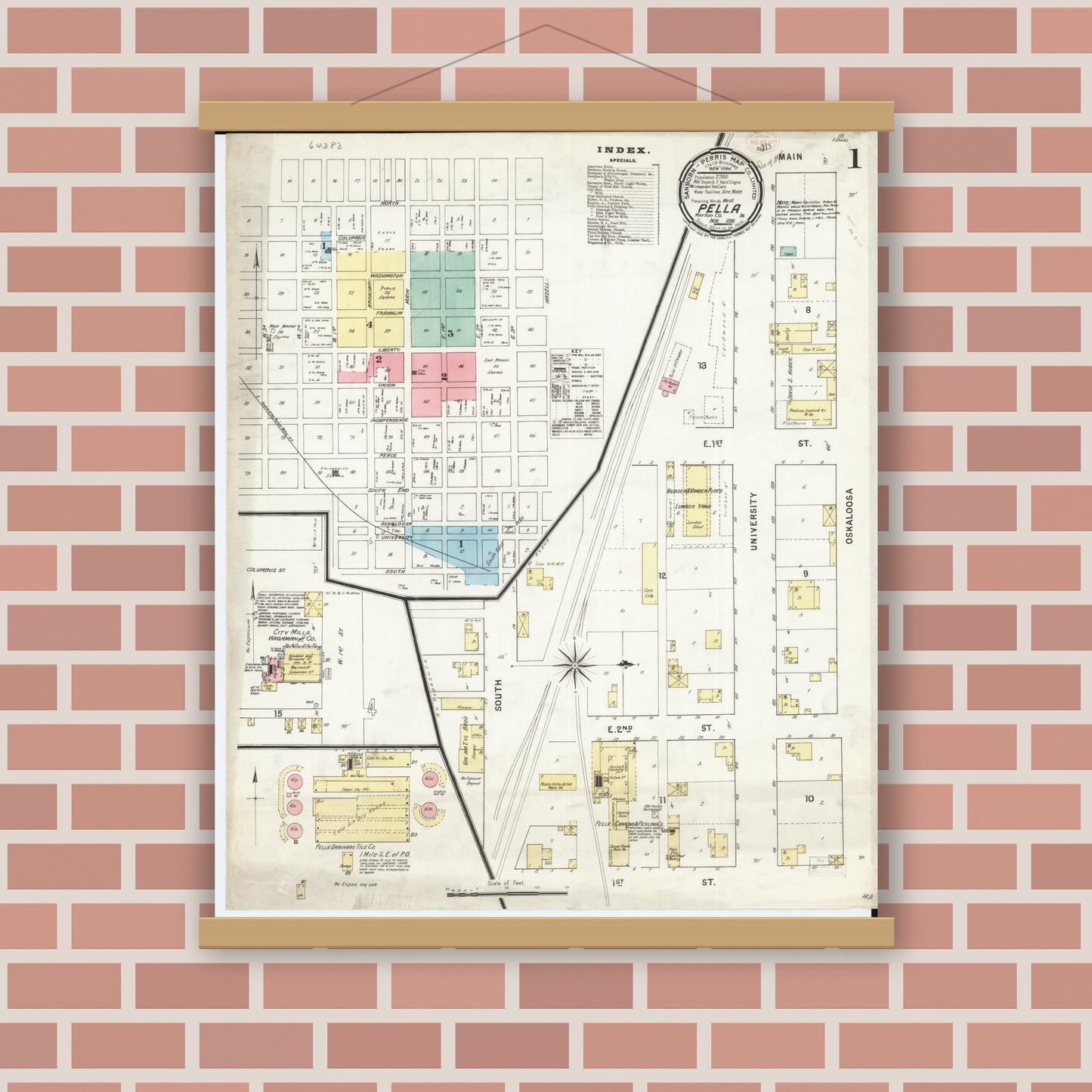 Old map wall art mockup — magnetic wood frame on brick wall — Sanborn Fire Insurance Map from Pella, Marion County, Iowa (1895), Sheet #0001