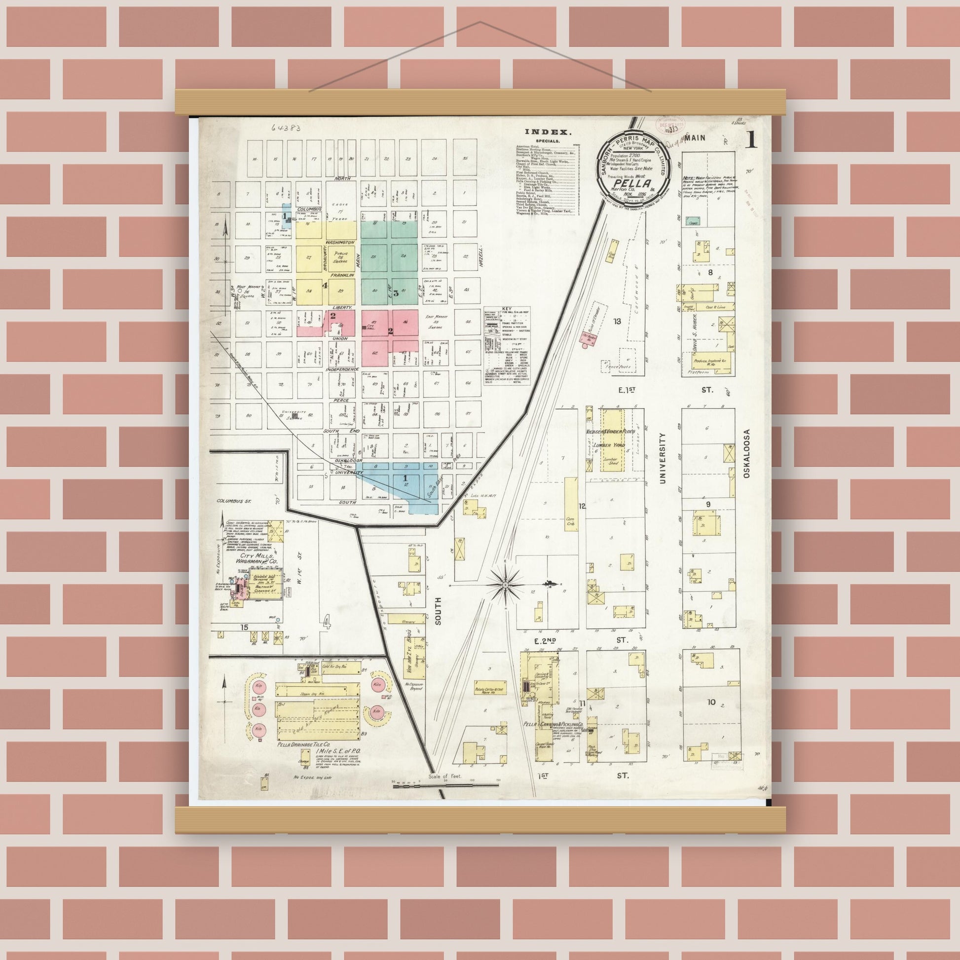 Old map wall art mockup — magnetic wood frame on brick wall — Sanborn Fire Insurance Map from Pella, Marion County, Iowa (1895), Sheet #0001