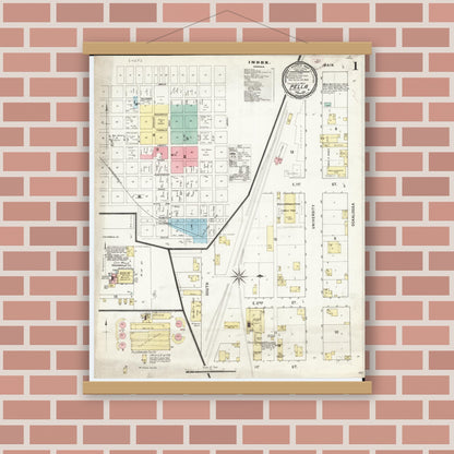 Old map wall art mockup — magnetic wood frame on brick wall — Sanborn Fire Insurance Map from Pella, Marion County, Iowa (1895), Sheet #0001
