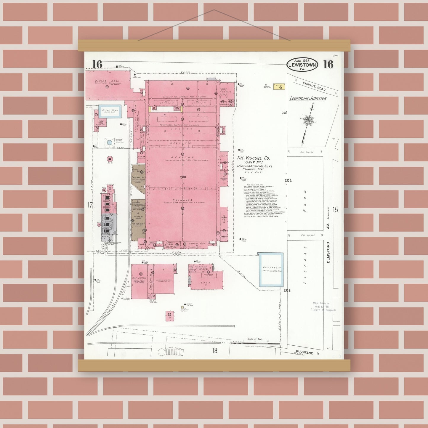 Old map wall art mockup — magnetic wood frame on brick wall — Sanborn Fire Insurance Map from Lewistown, Mifflin County, Pennsylvania (1923), Sheet #0016