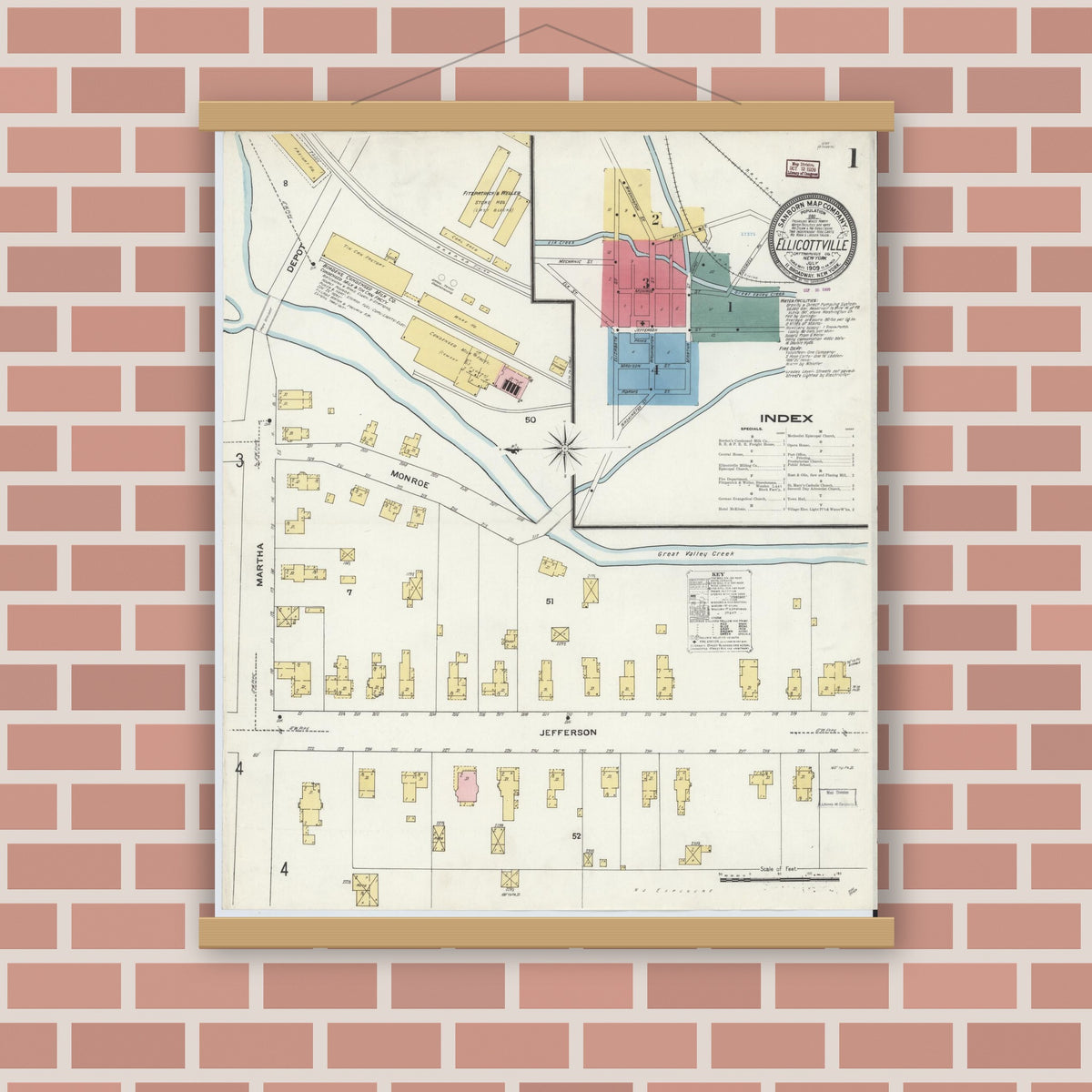 Old map wall art mockup — magnetic wood frame on brick wall — Sanborn Fire Insurance Map from Ellicottville, Cattaraugus County, New York (1909) - Complete Map Set