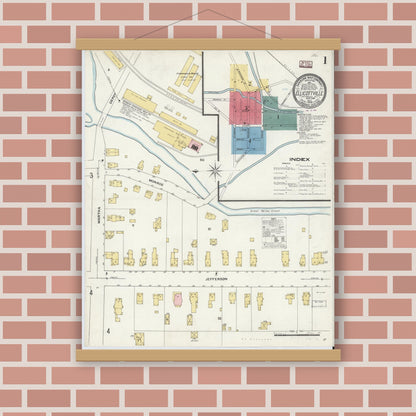 Old map wall art mockup — magnetic wood frame on brick wall — Sanborn Fire Insurance Map from Ellicottville, Cattaraugus County, New York (1909) - Complete Map Set