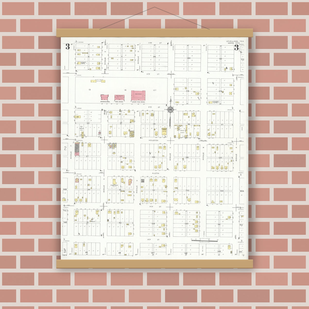 Old map wall art mockup — magnetic wood frame on brick wall — Sanborn Fire Insurance Map from Levelland, Hockley County, Texas (1933), Sheet #0003