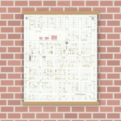 Old map wall art mockup — magnetic wood frame on brick wall — Sanborn Fire Insurance Map from Levelland, Hockley County, Texas (1933), Sheet #0003
