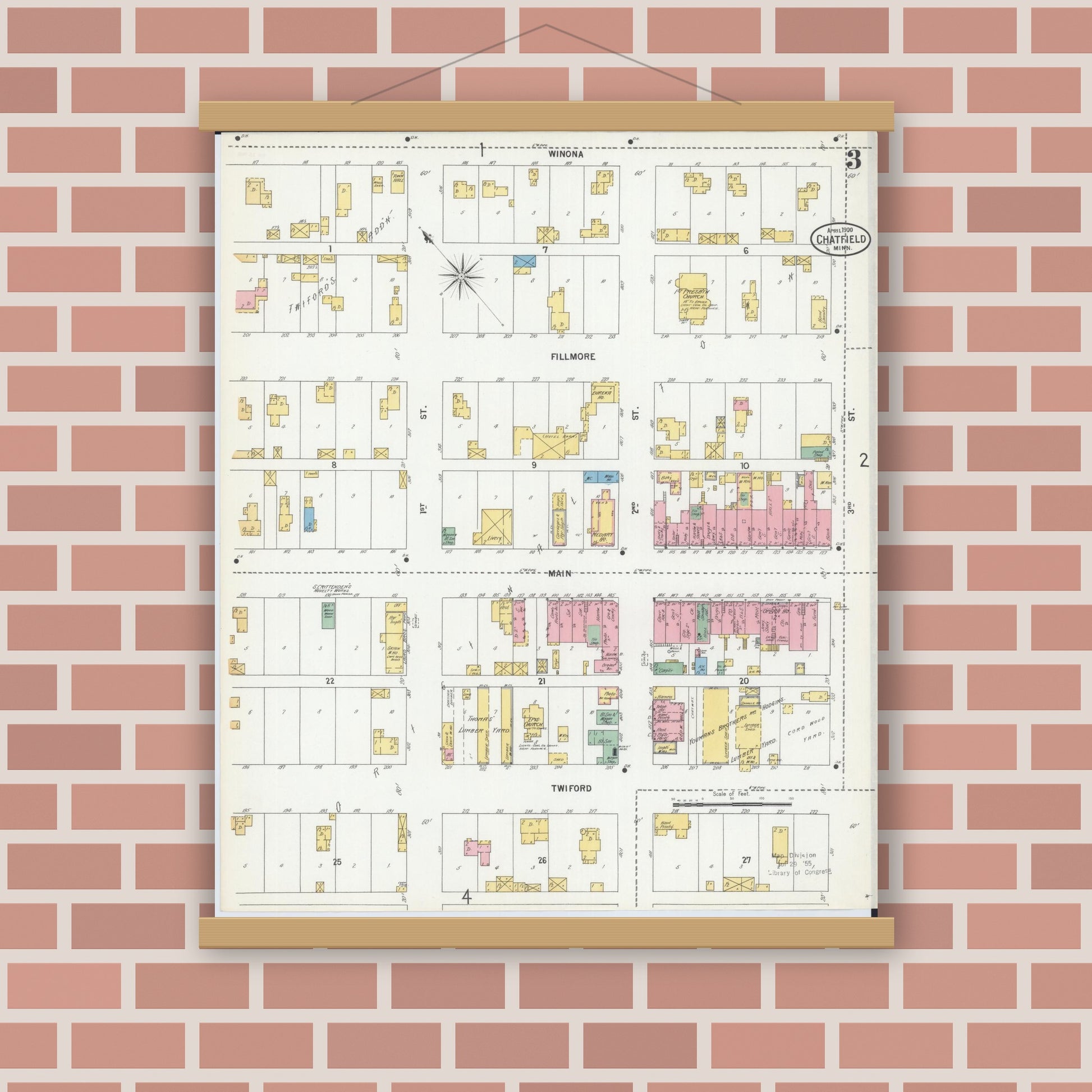 Old map wall art mockup — magnetic wood frame on brick wall — Sanborn Fire Insurance Map from Chatfield, Fillmore And Olmsted Counties, Minnesota (1900), Sheet #0003