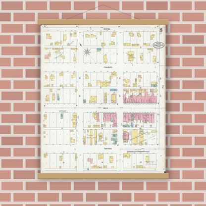 Old map wall art mockup — magnetic wood frame on brick wall — Sanborn Fire Insurance Map from Chatfield, Fillmore And Olmsted Counties, Minnesota (1900), Sheet #0003