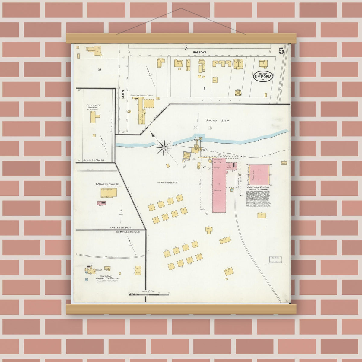 Old map wall art mockup — magnetic wood frame on brick wall — Sanborn Fire Insurance Map from Emporia, Independent Cities, Virginia (1904), Sheet #0005