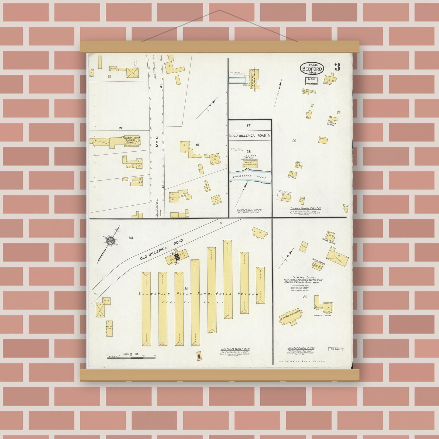 Old map wall art mockup — magnetic wood frame on brick wall — Sanborn Fire Insurance Map from Bedford, Middlesex County, Massachusetts (1916), Sheet #0003