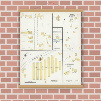 Old map wall art mockup — magnetic wood frame on brick wall — Sanborn Fire Insurance Map from Bedford, Middlesex County, Massachusetts (1916), Sheet #0003