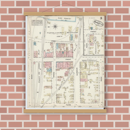 Old map wall art mockup — magnetic wood frame on brick wall — Sanborn Fire Insurance Map from Marquette, Marquette County, Michigan (1884), Sheet #0003