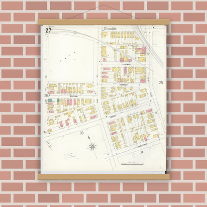Old map wall art mockup — magnetic wood frame on brick wall — Sanborn Fire Insurance Map from Hamilton, Butler County, Ohio (1899), Sheet #0027