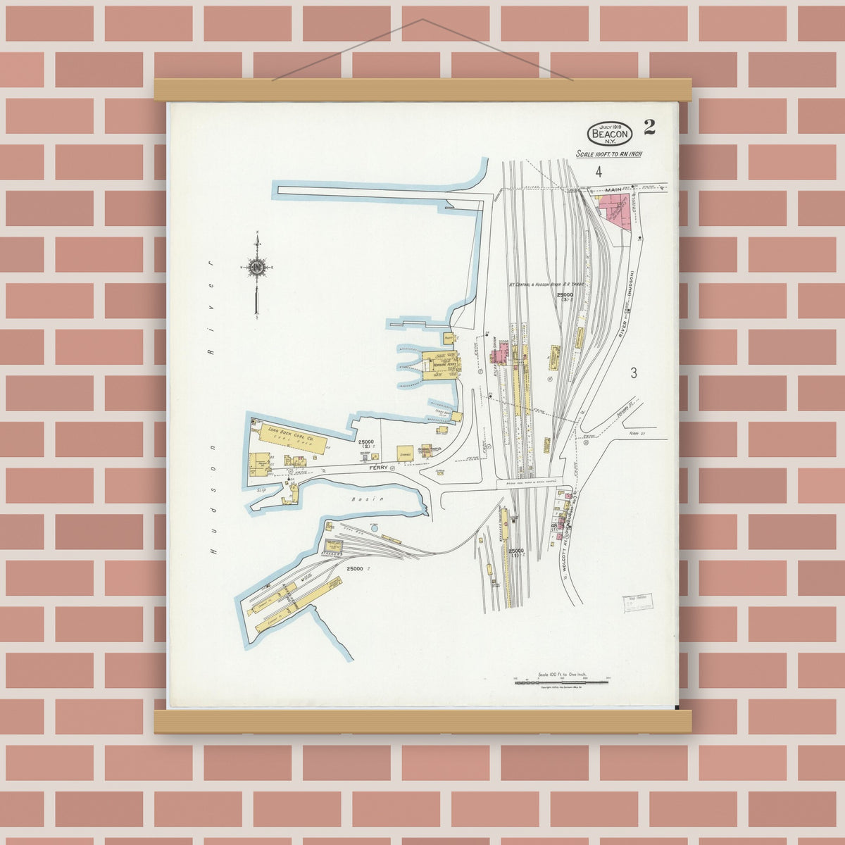 Old map wall art mockup — magnetic wood frame on brick wall — Sanborn Fire Insurance Map from Beacon, Dutchess County, New York (1919) - Complete Map Set