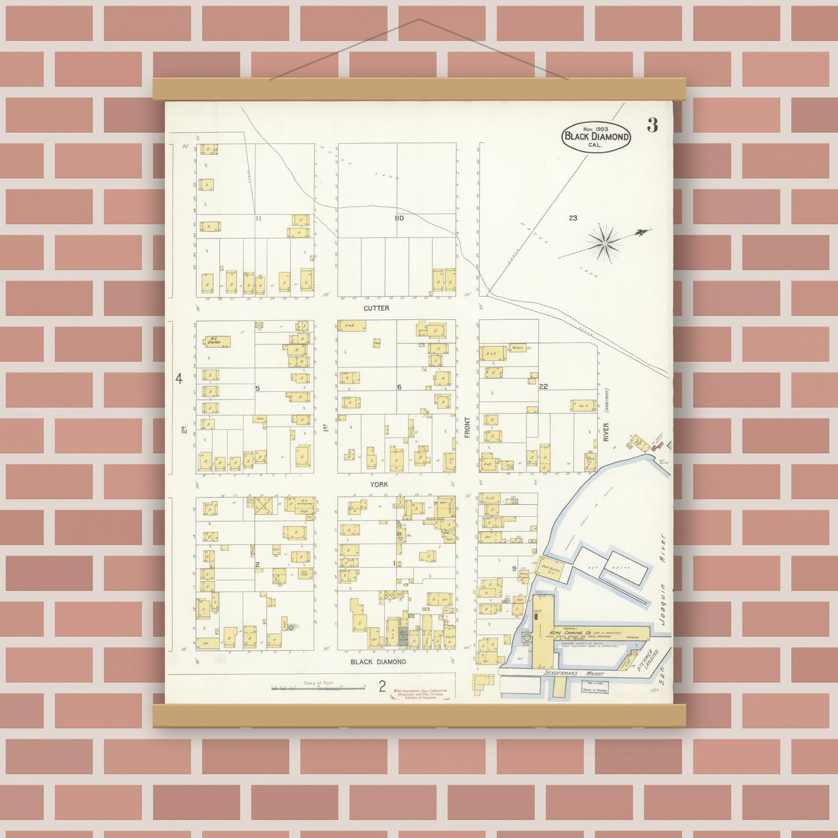 Old map wall art mockup — magnetic wood frame on brick wall — Sanborn Fire Insurance Map from Black Diamond, Contra Costa, California (1903), Sheet #0003